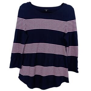Talbots, Size Medium Petite, Navy & Pink Striped Lightweight Sweater, Scoop Neck